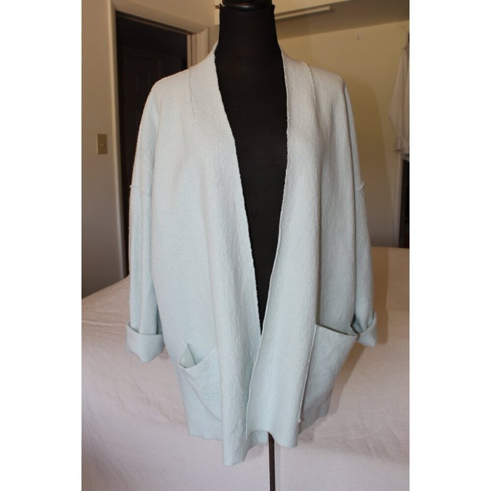 Eileen Fisher 100% wool Open front cardigan Green Mint Size M textured pockets